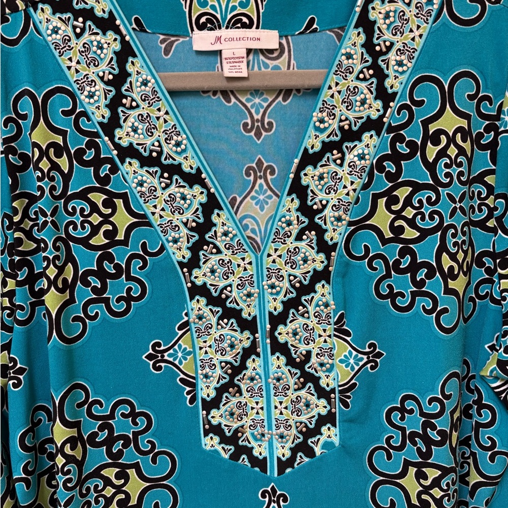 JM Collection Teal and Black Patterned Blouse - Picture 2 of 8